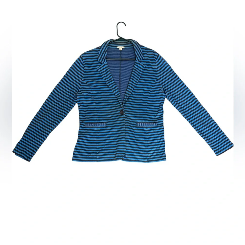 Caslon Women’s Size Large Cotton Knit Blue Stripe One Button relaxed fit Blazer